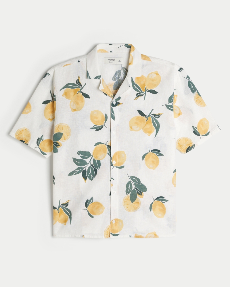 Men's Boxy Linen-Blend Lemon Pattern Shirt | Men's Tops | HollisterCo.com
