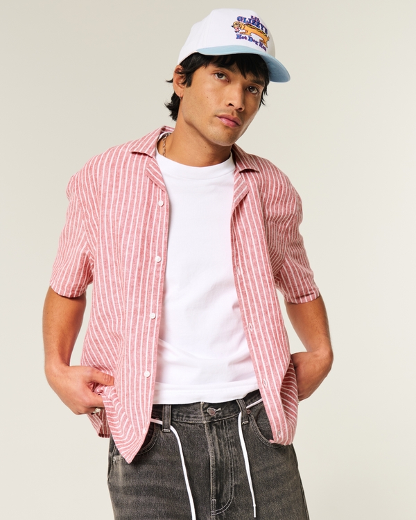 Boxy Short-Sleeve Linen-Blend Shirt, Red Stripe view 1