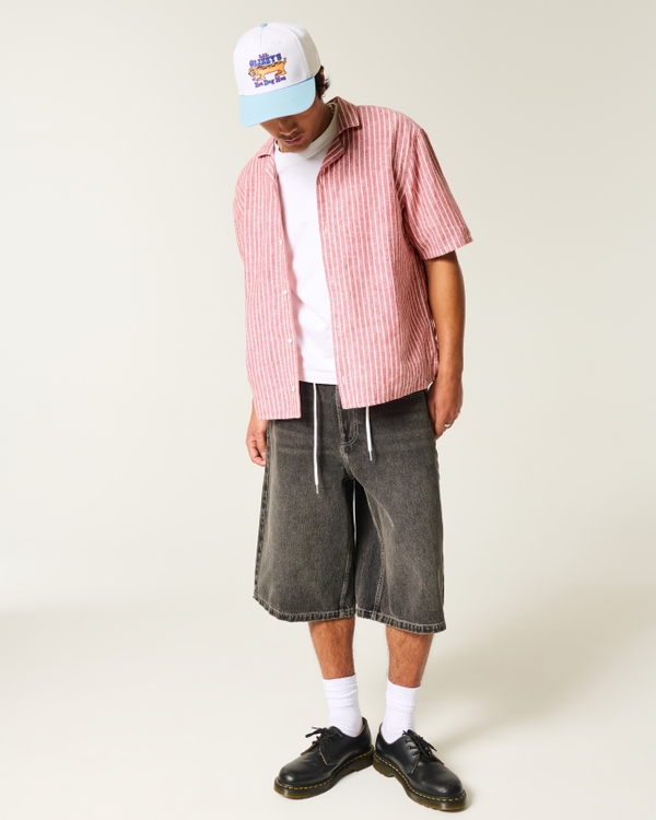 Boxy Short-Sleeve Linen-Blend Shirt, Red Stripe view 2