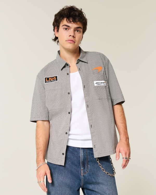 Boxy McLaren Graphic Workwear Shirt, Black Micro Check view 1