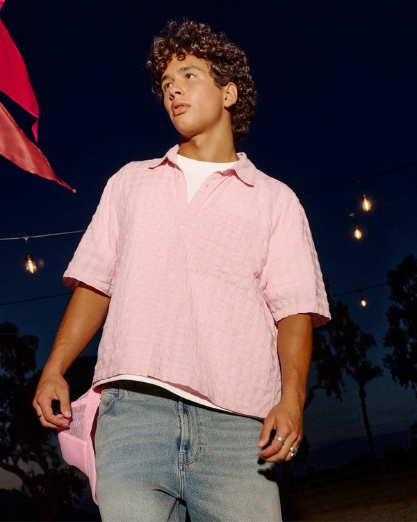 Boxy Short-Sleeve Pocket Shirt, Pink Plaid view 1