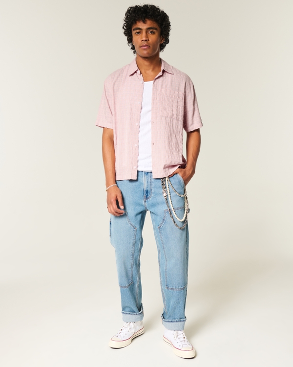 Boxy Short-Sleeve Pocket Shirt, Pink Plaid view 2