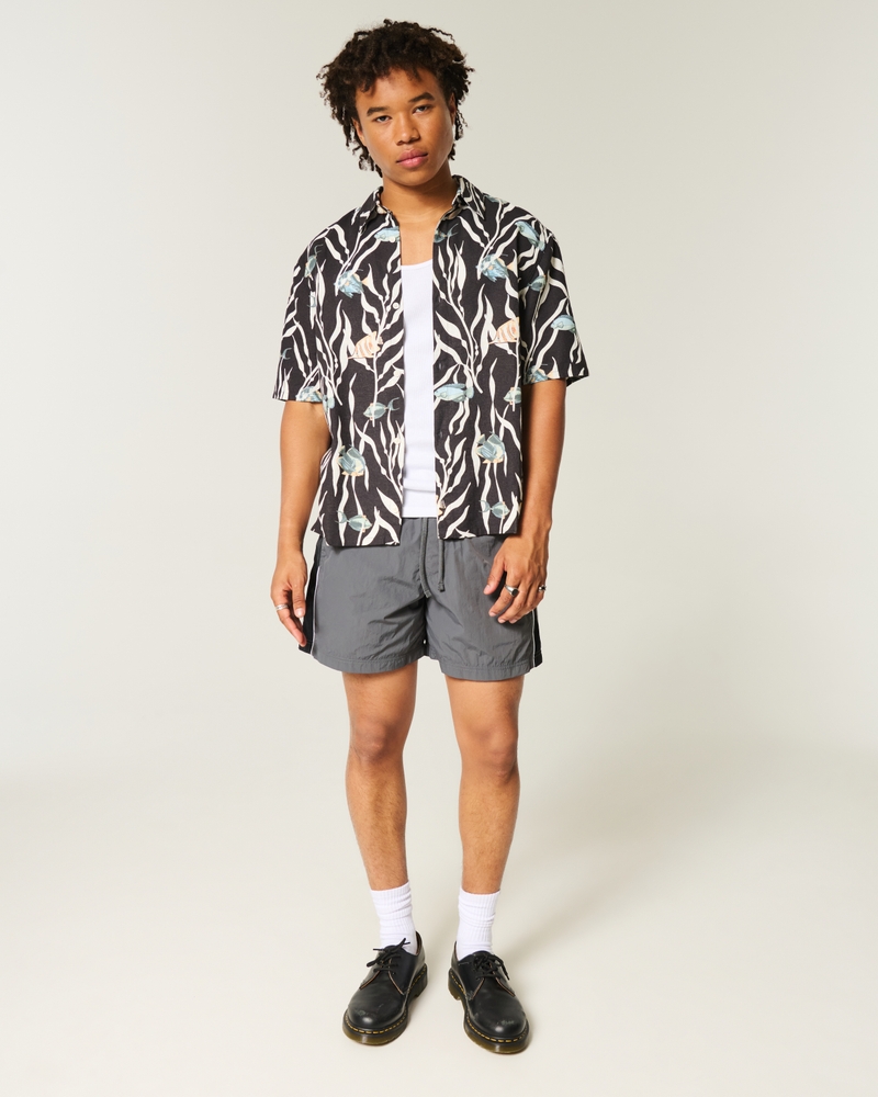 Boxy Tropical Fish Pattern Linen-Blend Shirt