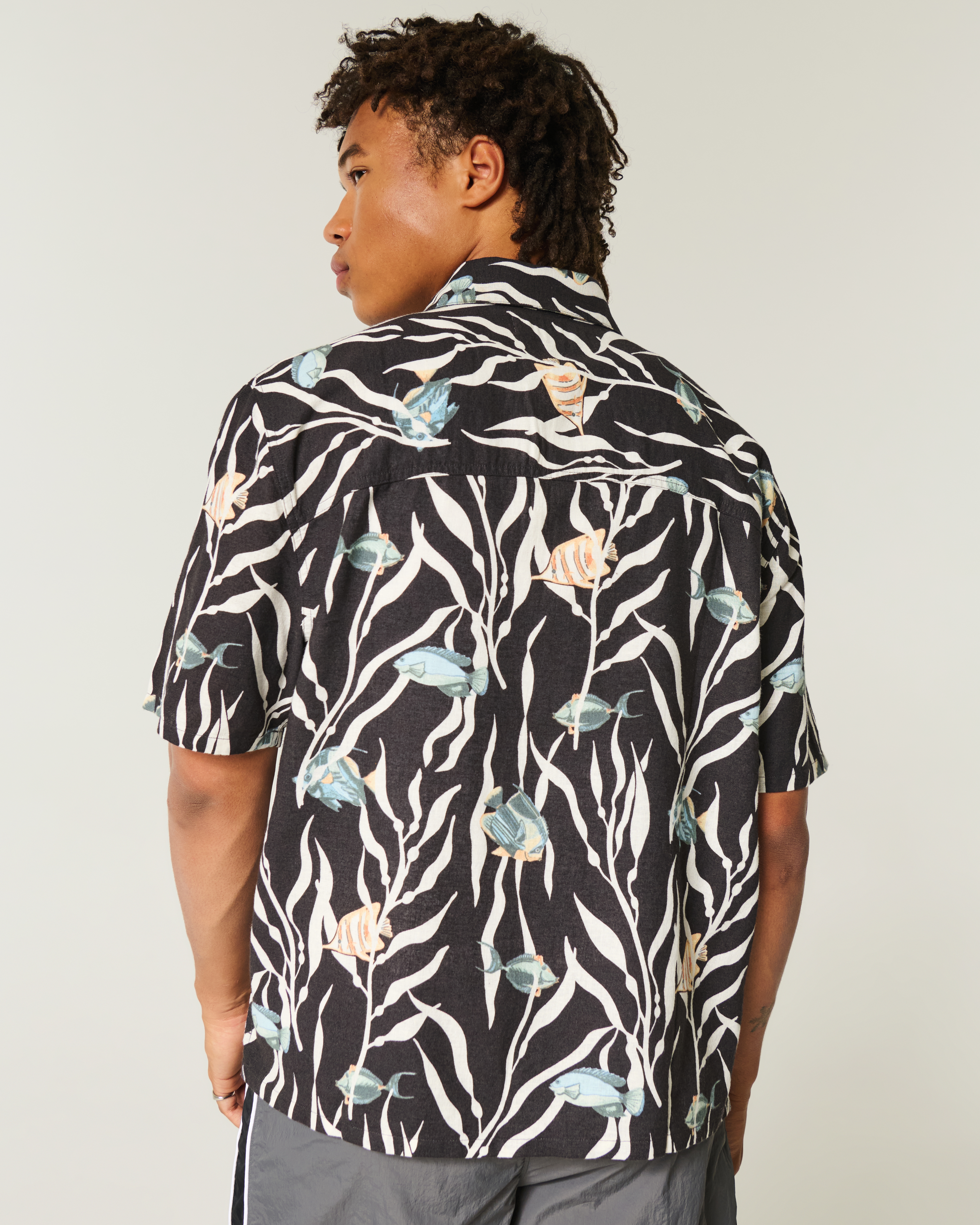 Boxy Tropical Fish Pattern Linen-Blend Shirt