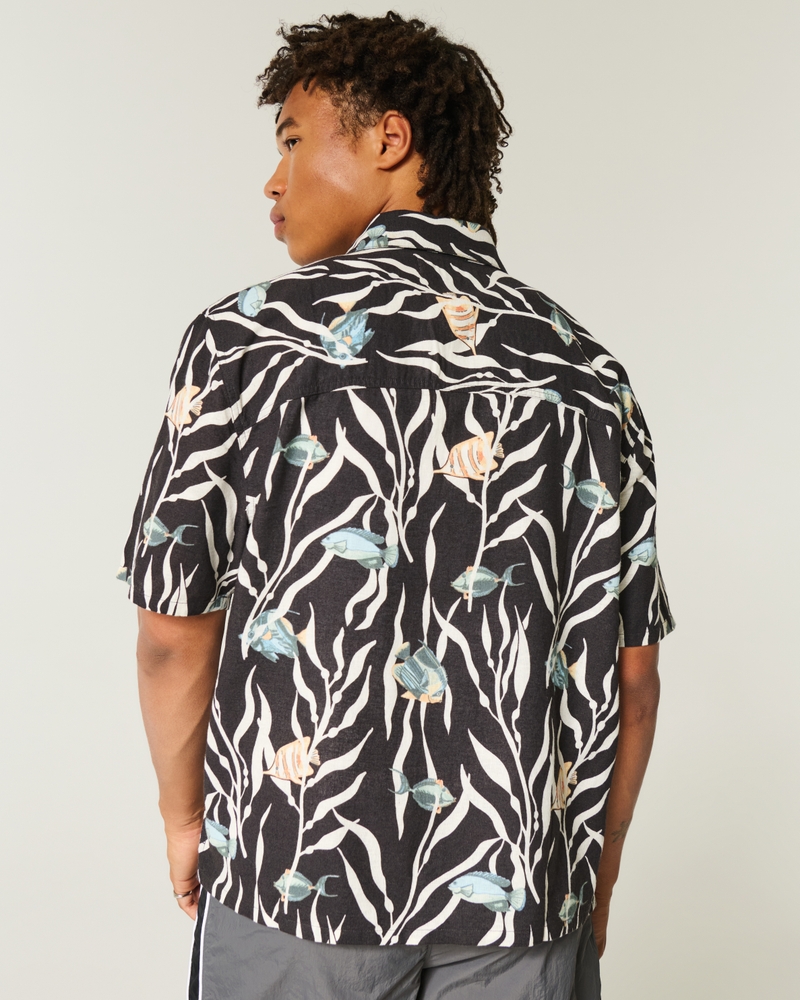 Boxy Tropical Fish Pattern Linen-Blend Shirt
