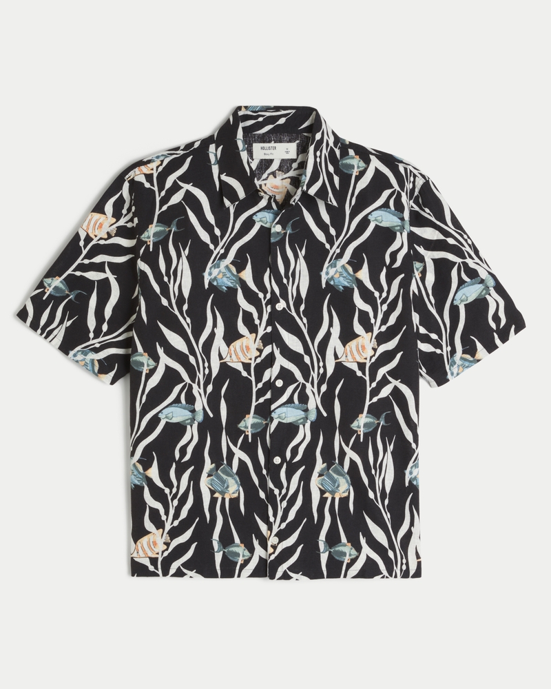 Boxy Tropical Fish Pattern Linen-Blend Shirt