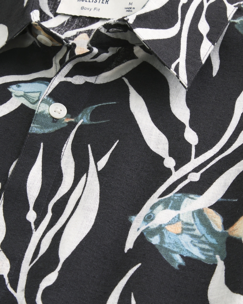 Boxy Tropical Fish Pattern Linen-Blend Shirt