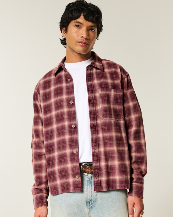 Long-Sleeve Flannel Shirt, Burgundy Plaid view 1