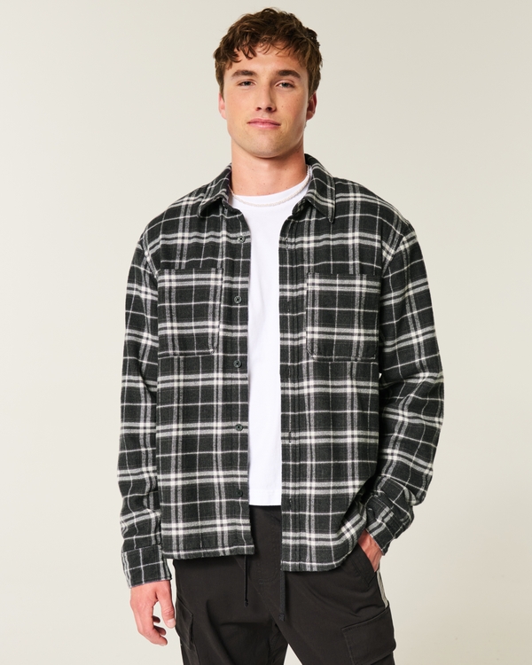 Waffle-Lined Flannel Shirt, Black Plaid view 1