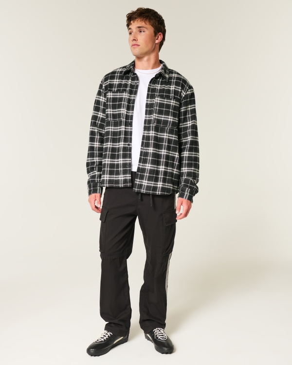 Waffle-Lined Flannel Shirt, Black Plaid view 2