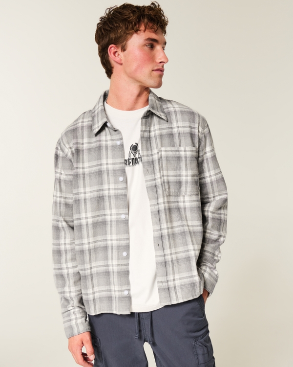 Boxy Flannel Shirt, Gray Plaid view 1