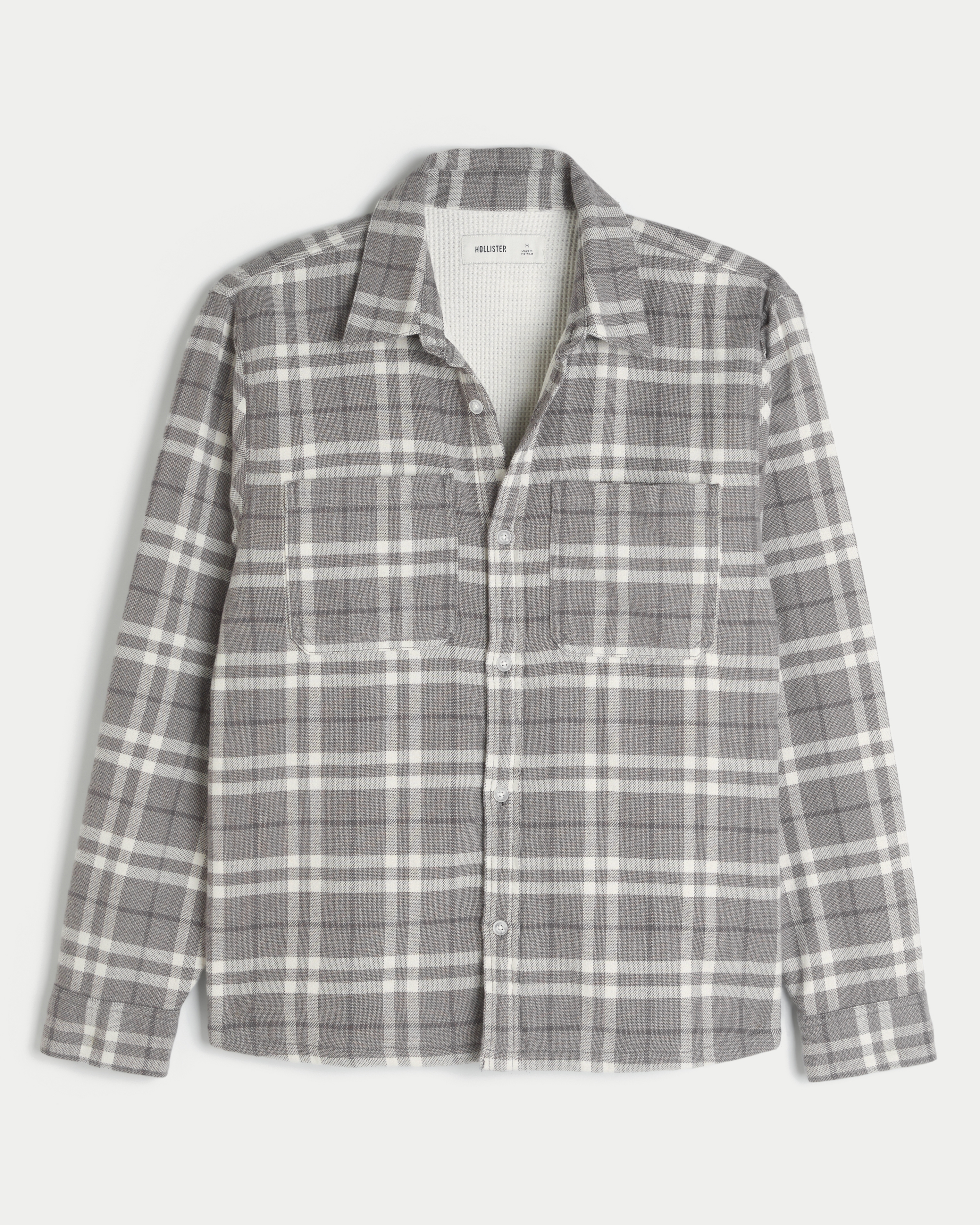 Boxy Waffle Knit-Lined Flannel Shirt