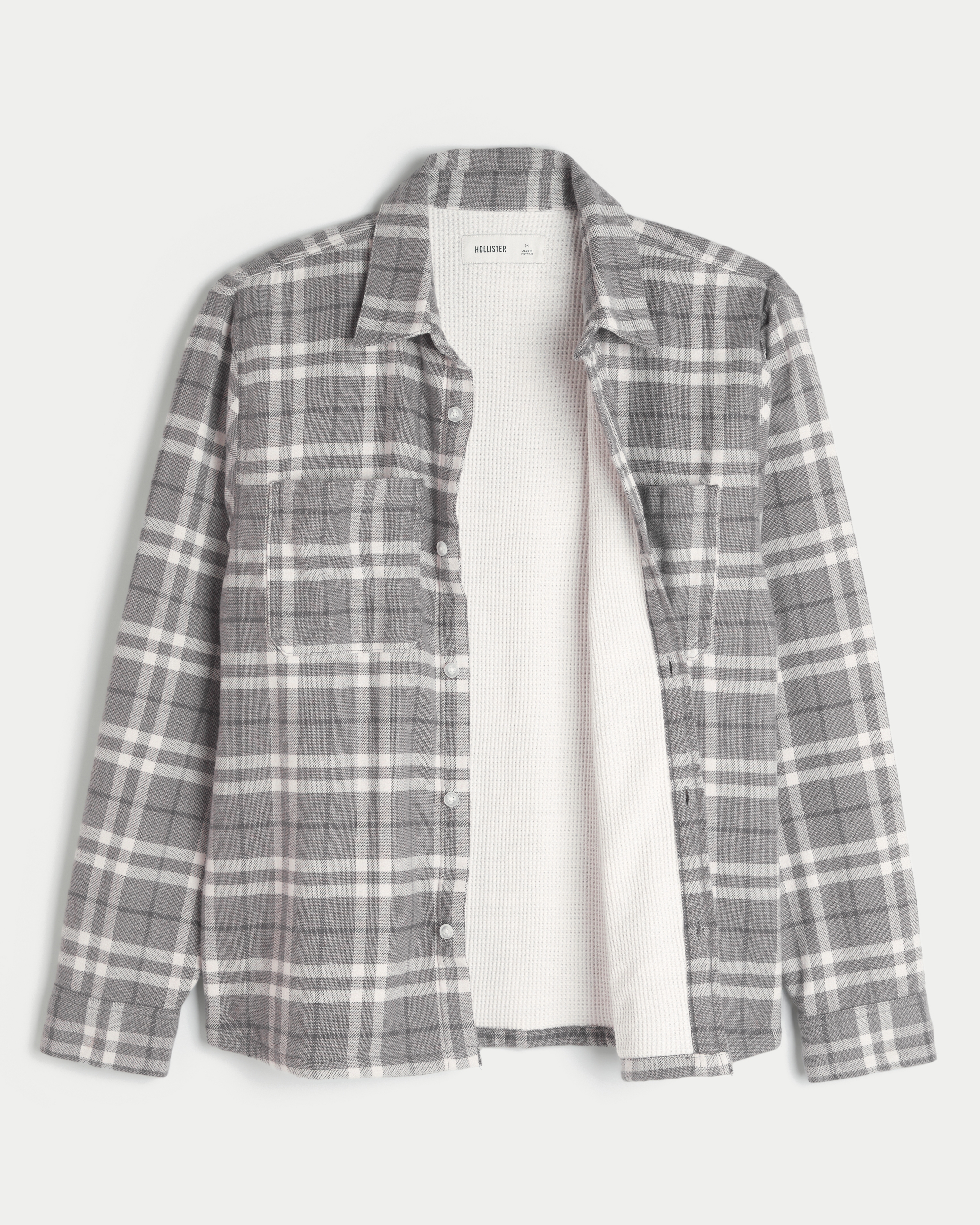 Boxy Waffle Knit-Lined Flannel Shirt