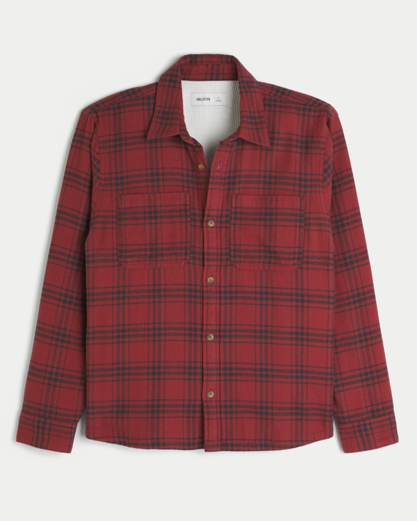 Boxy Thermal-Lined Flannel Shirt, Deep Red Plaid view 1