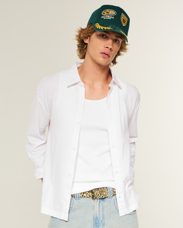 Relaxed Linen-Blend Button-Through Shirt, White view 1