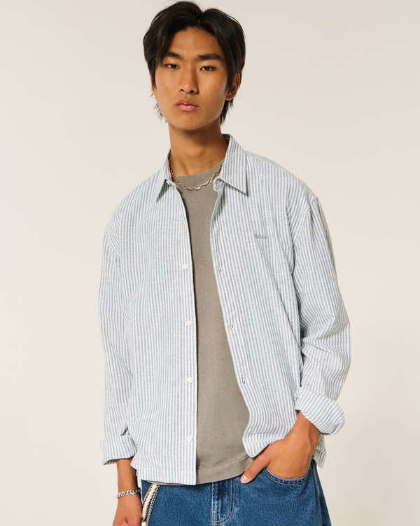 Relaxed Linen-Blend Button-Through Shirt, Dark Green Stripe view 1
