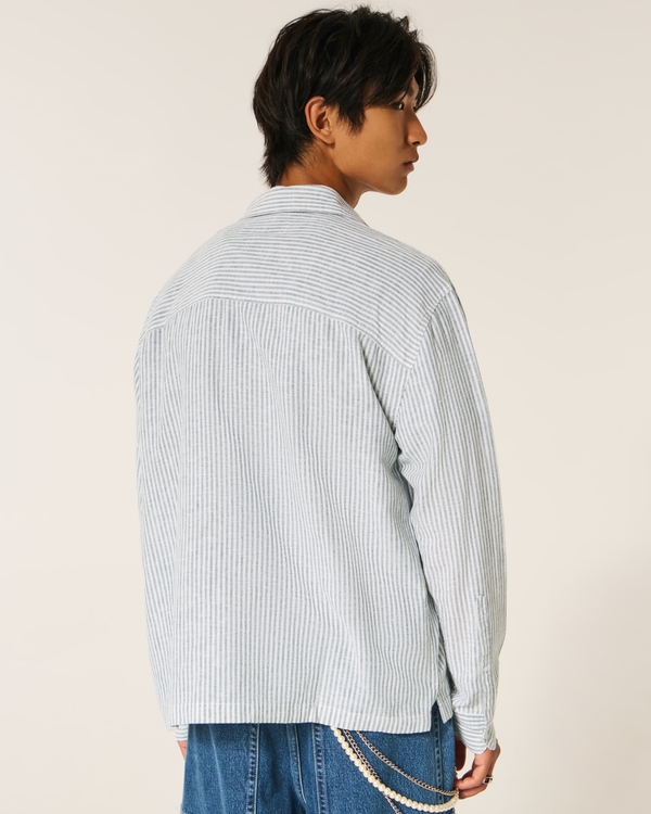 Relaxed Linen-Blend Button-Through Shirt, Dark Green Stripe view 2