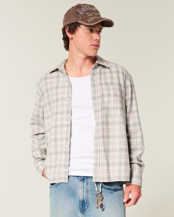 Long-Sleeve Flannel Shirt, Cream Plaid view 1