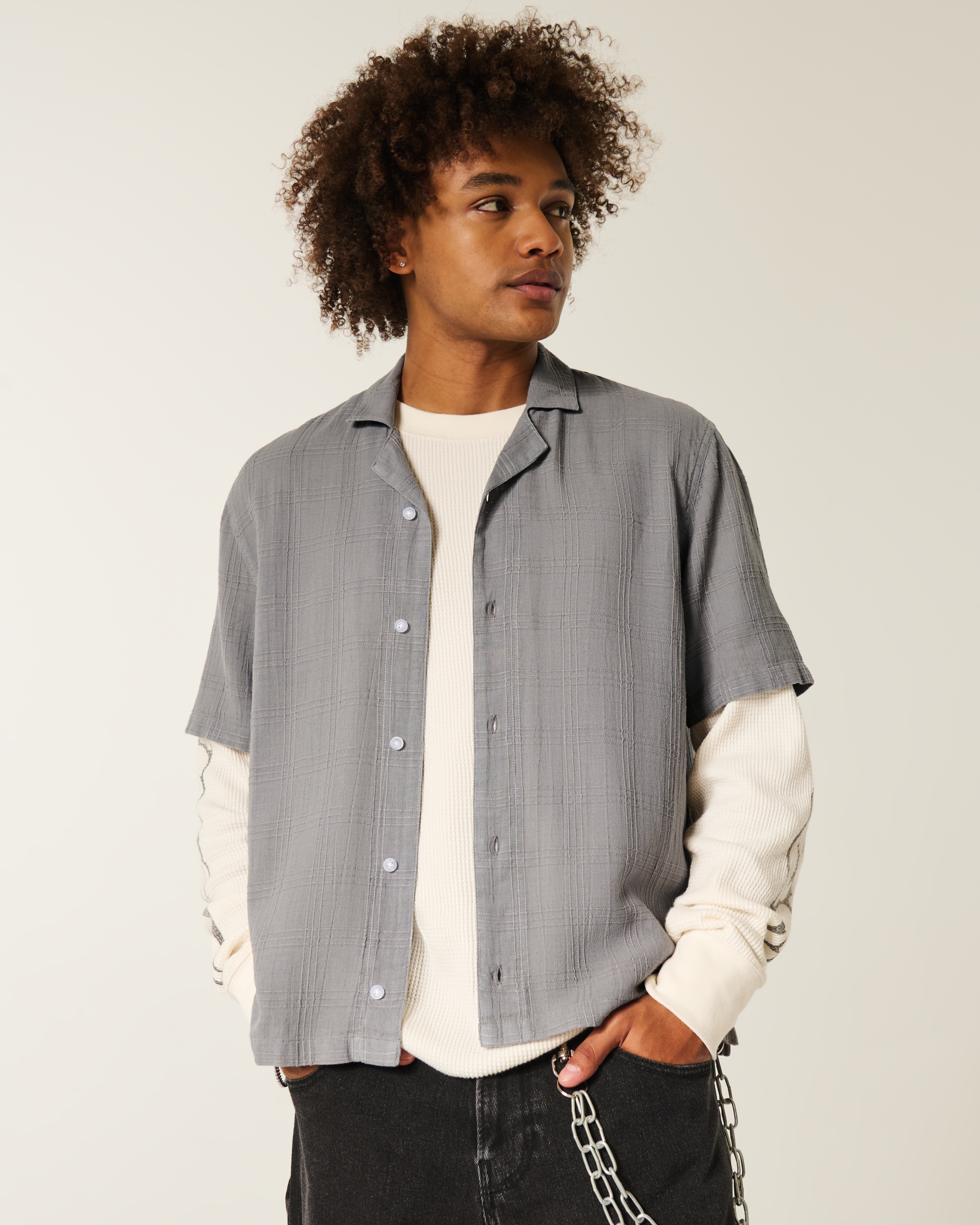 Boxy Linen-Blend Short-Sleeve Textured Shirt