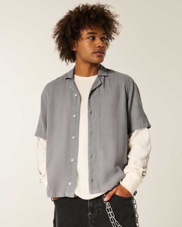 Boxy Linen-Blend Short-Sleeve Textured Shirt, Dark Gray view 1