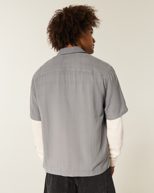 Boxy Linen-Blend Short-Sleeve Textured Shirt, Dark Gray view 2