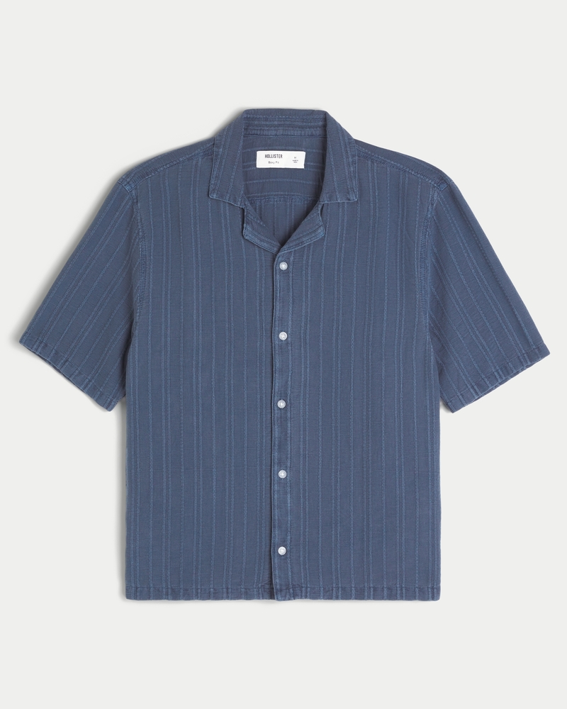 Boxy Linen-Blend Short-Sleeve Textured Shirt
