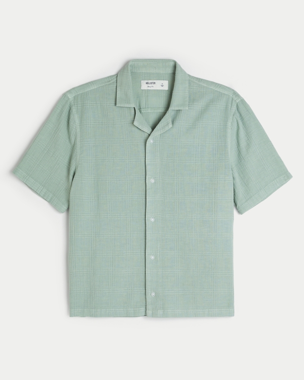 Boxy Linen-Blend Short-Sleeve Textured Shirt, Dark Mint Green view 1
