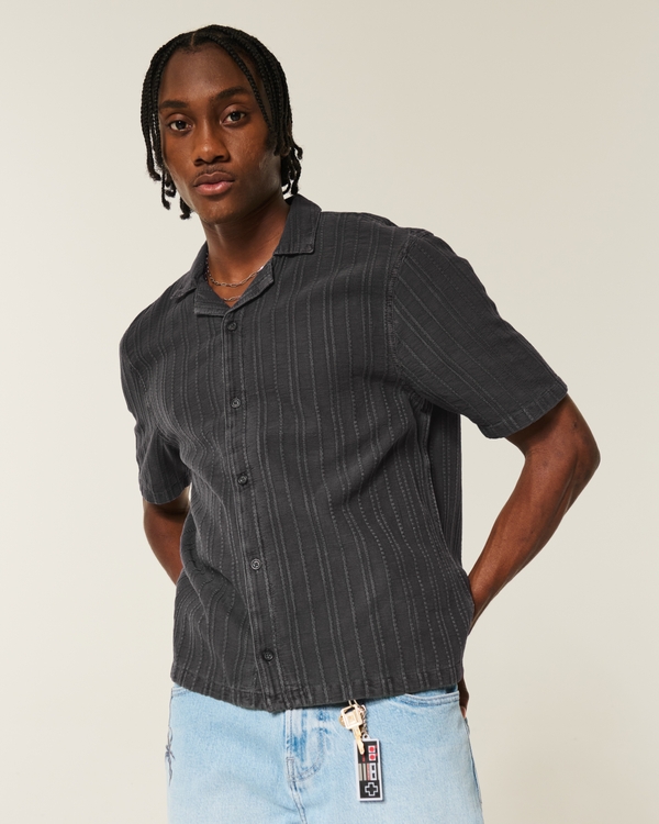 Boxy Linen-Blend Short-Sleeve Textured Shirt, Washed Black view 1