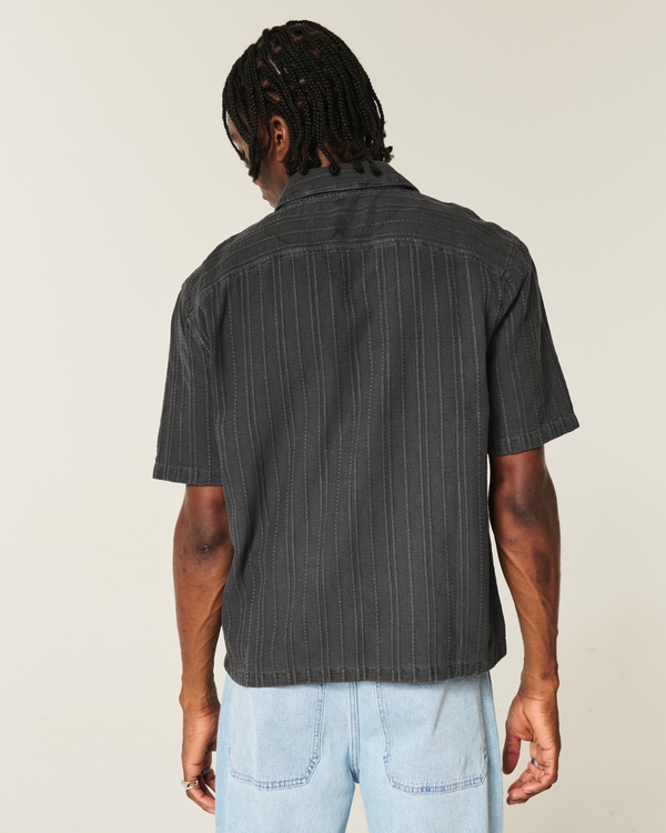Boxy Linen-Blend Short-Sleeve Textured Shirt, Washed Black view 2
