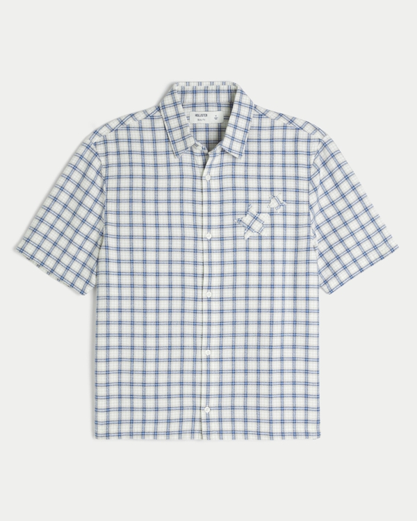 Boxy Short-Sleeve Star Applique Shirt, Cream Plaid view 1