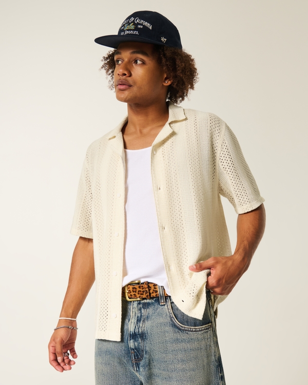 Boxy Crochet-Style Short-Sleeve Shirt, Cream view 1