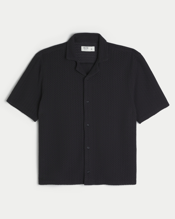 Boxy Crochet-Style Short-Sleeve Shirt, Faded Black view 1
