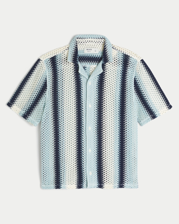 Boxy Crochet-Style Short-Sleeve Shirt, Navy Stripe view 1