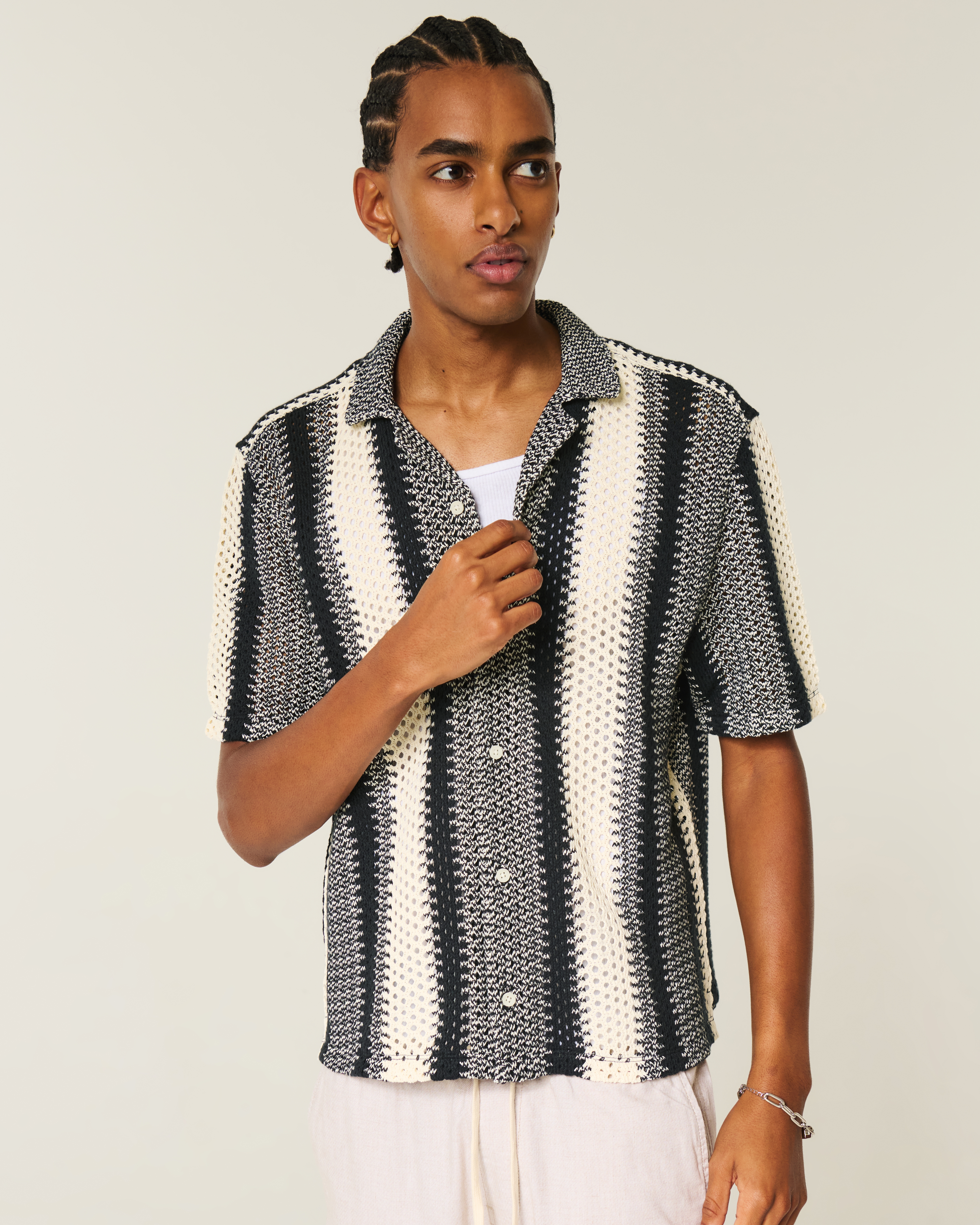 Boxy Crochet-Style Short-Sleeve Shirt