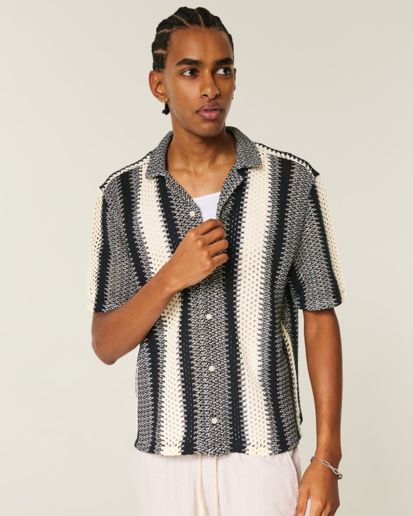 Boxy Crochet-Style Short-Sleeve Shirt, Black Stripe view 1