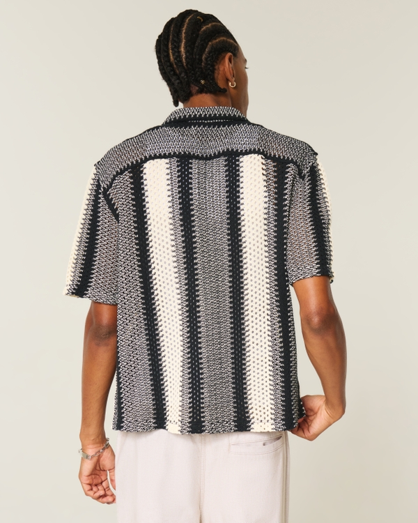 Boxy Crochet-Style Short-Sleeve Shirt, Black Stripe view 2