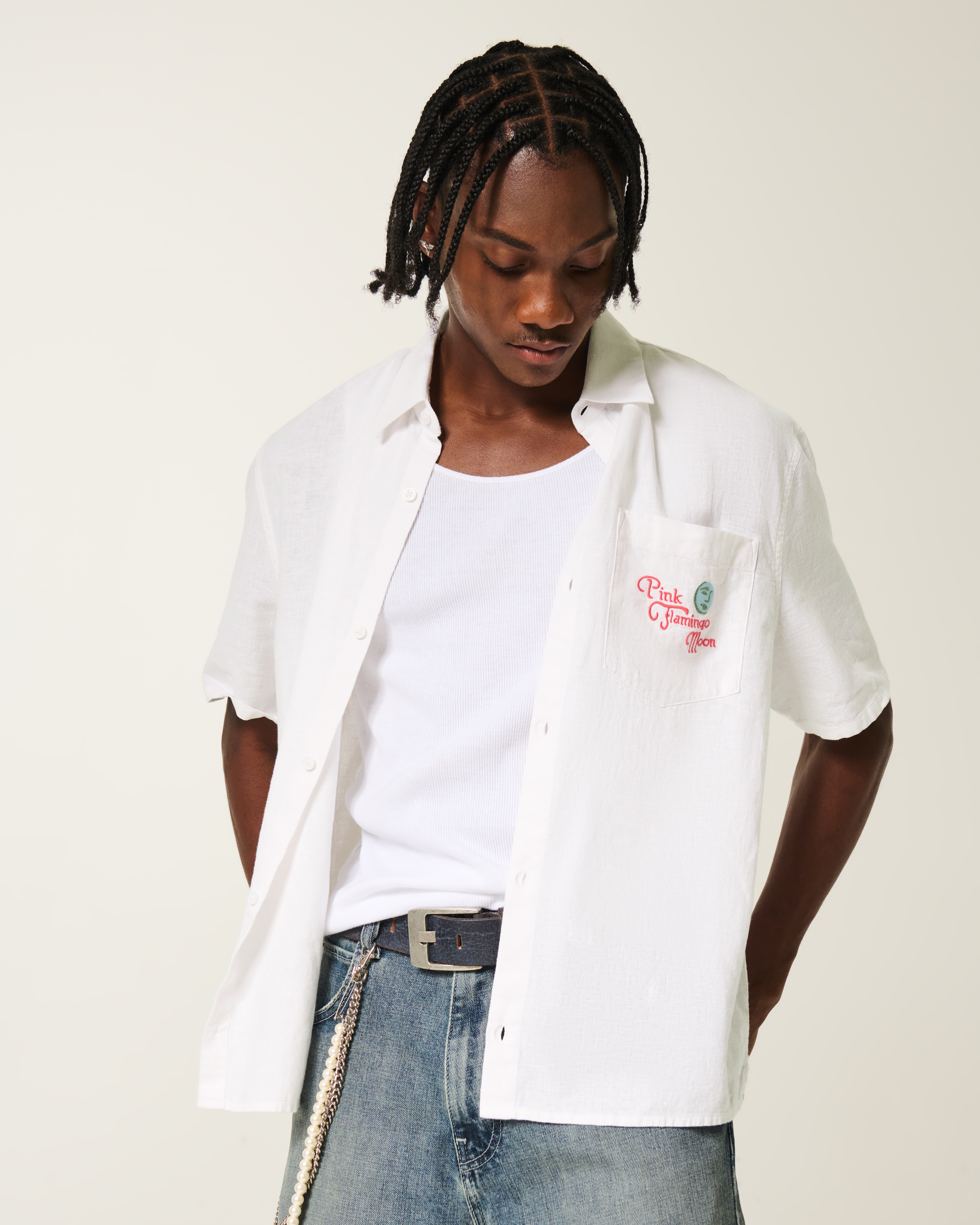 Boxy Linen-Blend Short-Sleeve Pink Flamingo Moon Graphic Shirt