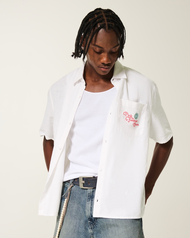 Boxy Linen-Blend Short-Sleeve Key West Graphic Shirt