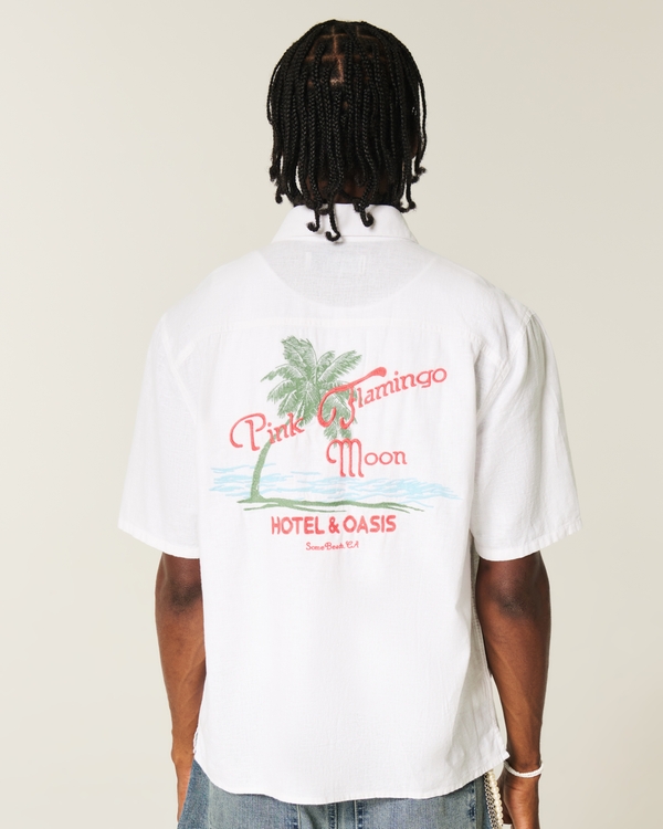 Boxy Linen-Blend Short-Sleeve Pink Flamingo Moon Graphic Shirt