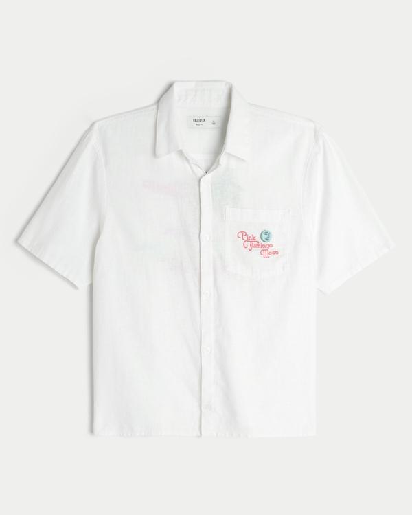 Boxy Linen-Blend Short-Sleeve Pink Flamingo Moon Graphic Shirt