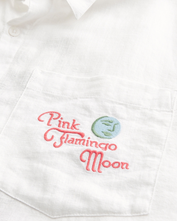 Boxy Linen-Blend Short-Sleeve Pink Flamingo Moon Graphic Shirt