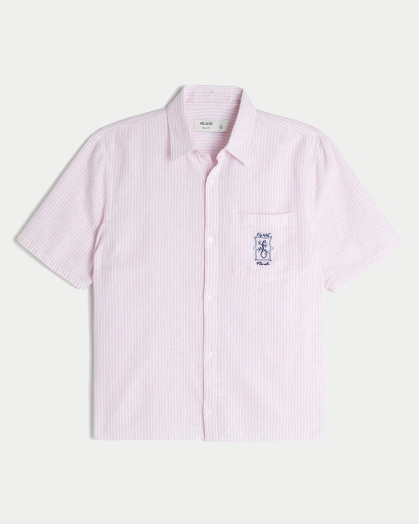Boxy Linen-Blend Short-Sleeve Key West Graphic Shirt, Pink Stripe view 1