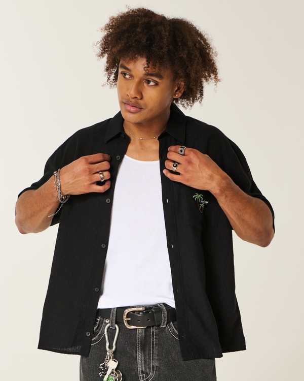 Boxy Linen-Blend Short-Sleeve San Diego Graphic Shirt, Black view 1