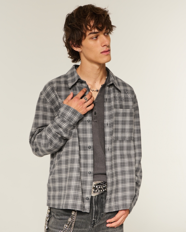 Boxy Embellished Flannel Shirt, Dark Gray Plaid view 2