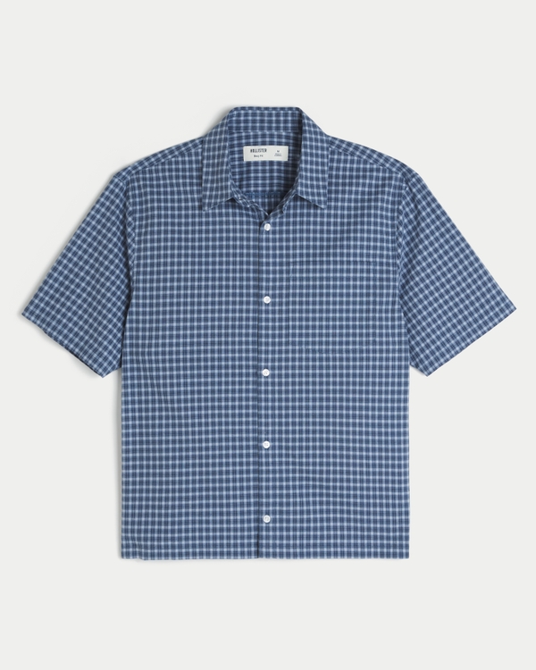 Boxy Short-Sleeve Poplin Shirt, Navy Plaid view 1