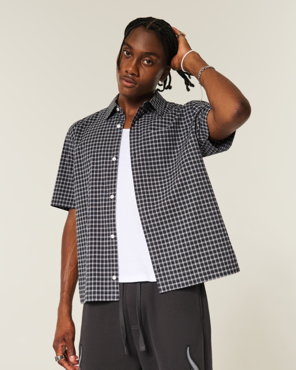 Boxy Short-Sleeve Poplin Shirt, Black Plaid view 1