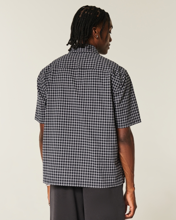 Boxy Short-Sleeve Poplin Shirt, Black Plaid view 2