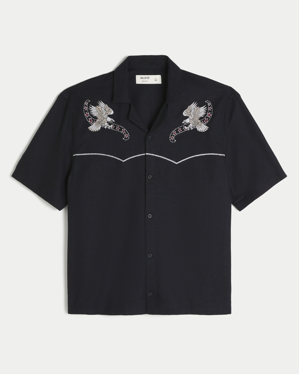 Boxy Short-Sleeve Western Shirt, Black view 1