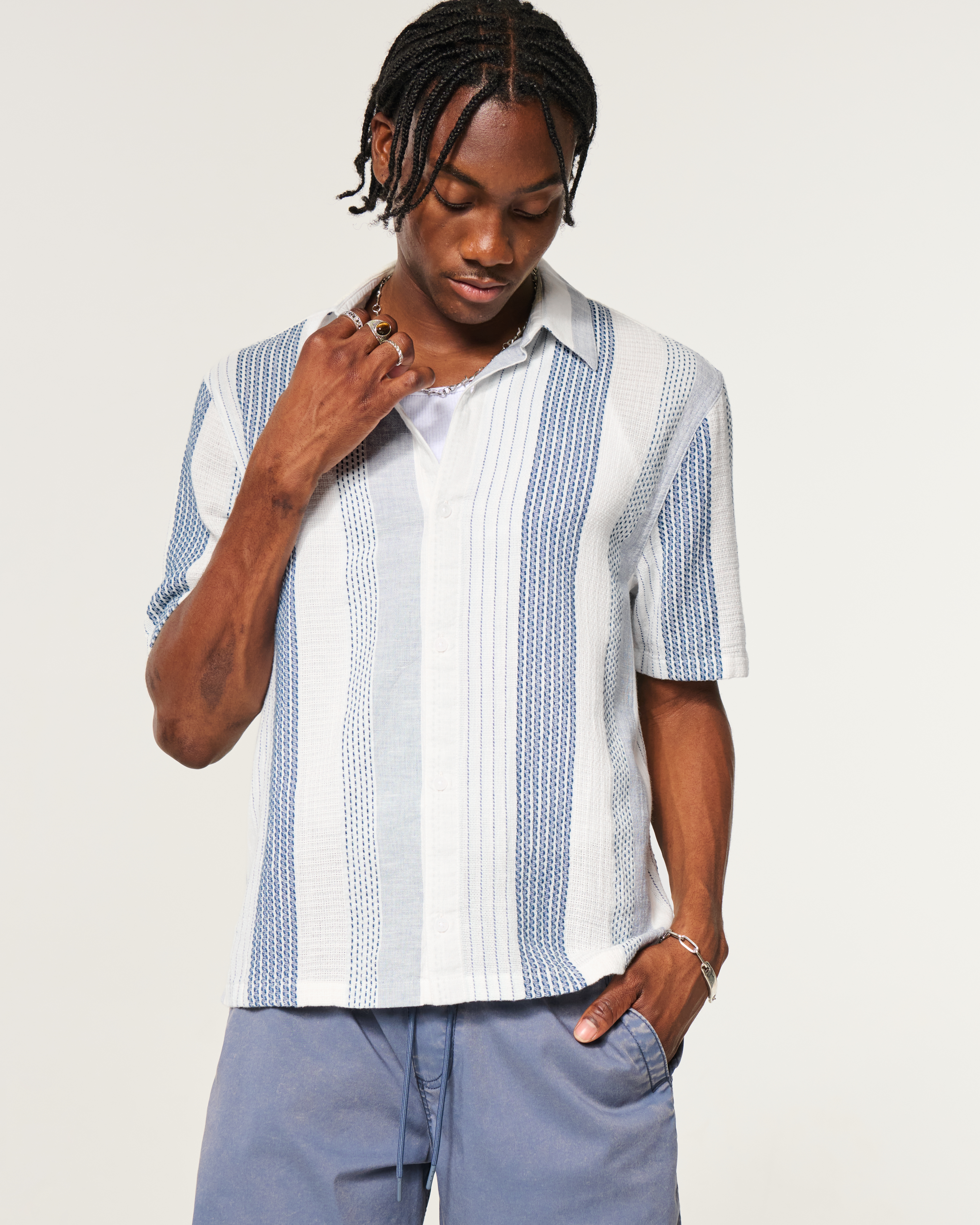 Boxy Short-Sleeve Textural Stripe Shirt