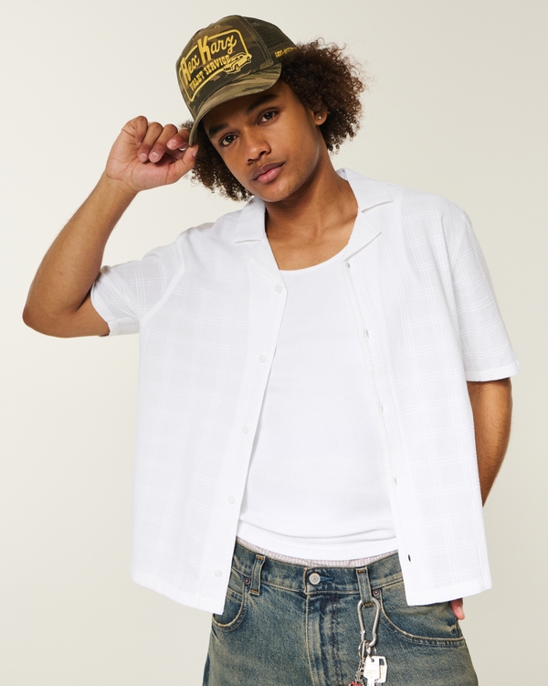 Boxy Textural Short-Sleeve Shirt, White view 1